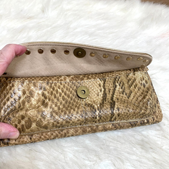 KATHY VAN ZEELAND Olive & Gold Snakeskin Embossed Studded Vintage Flap Clutch/XB - Picture 5 of 13